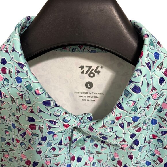 1764 Golf Polo Shirt Mens Size Large Alcohol Drinks Pattern Stretch - Picture 3 of 6